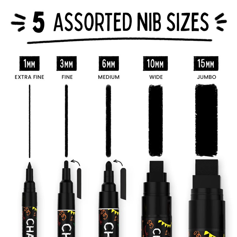 Chalkola 5 Black Chalkboard Chalk Markers - Black Dry Erase Markers for Blackboard, Chalkboard Signs, Windows, Glass | Variety Pack - Fine & Jumbo Size Ink Pen (1mm, 3mm, 6mm, 10mm, 15mm) - Image 2